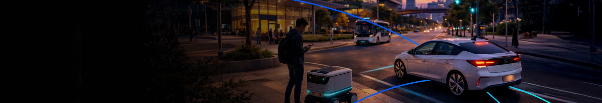 AI-powered autonomous machines collaborating across urban mobility and logistics.
