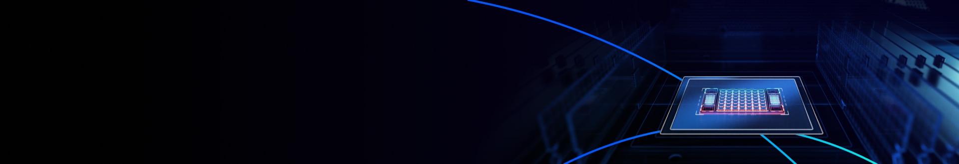 Processor chip in a dark data center environment with glowing blue lines representing high-speed connectivity.