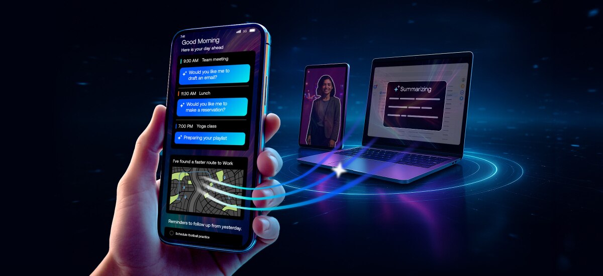 Smartphone and laptop displaying AI assistant features across connected devices. (Arm Lumex CSS platform)