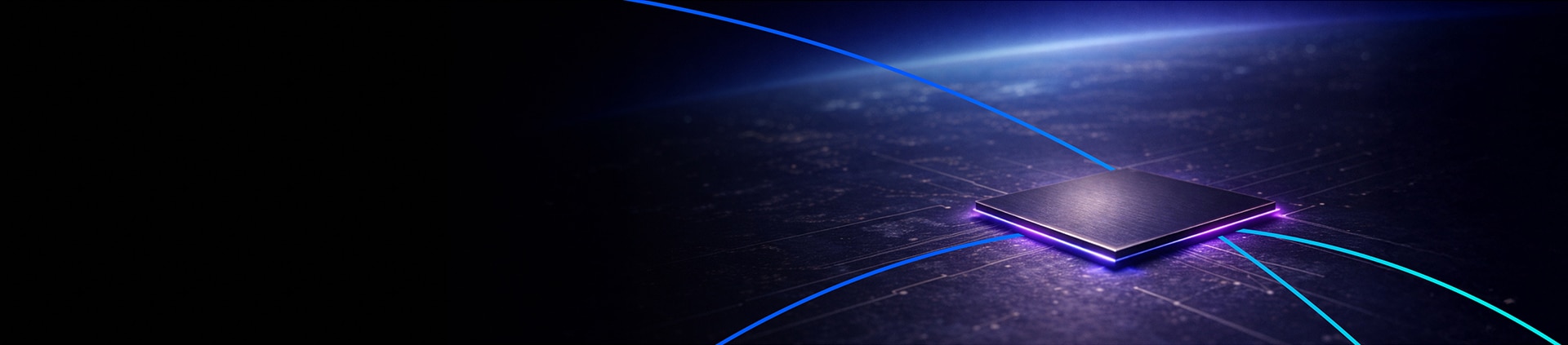 Products hero banner - Processor chip on a circuit surface with glowing connection lines.