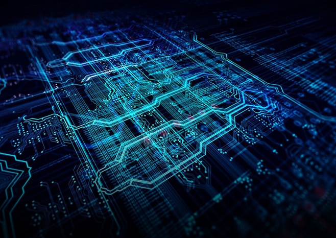 Abstract digital circuit with glowing blue pathways. Optimum price-performance with Microsoft Cobalt