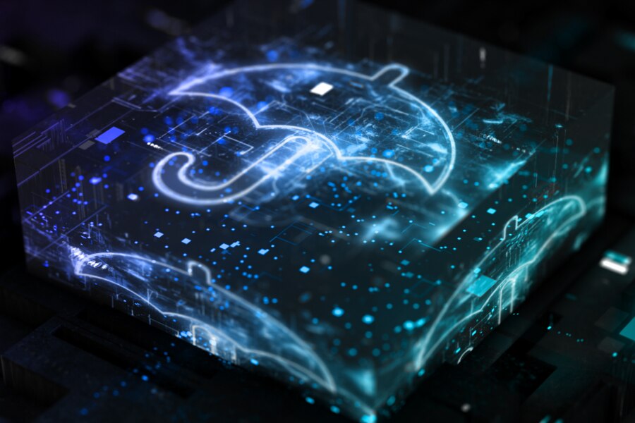 Arm cybersecurity visualization with a glowing umbrella icon representing digital protection, proactive risk management, and secure system resilience.