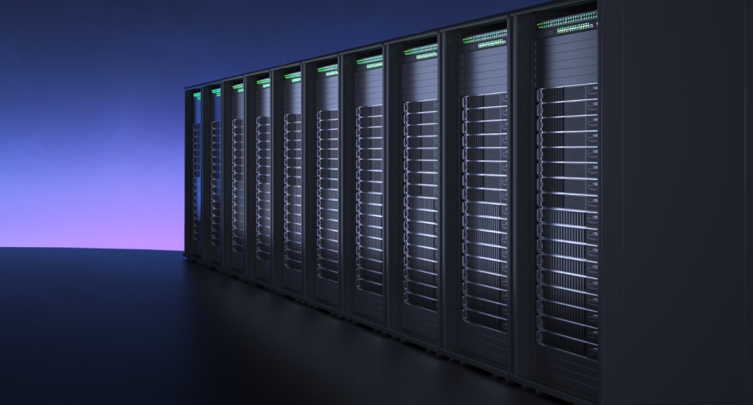 Cloud datacenter - Modern cloud data center with rows of illuminated server racks.