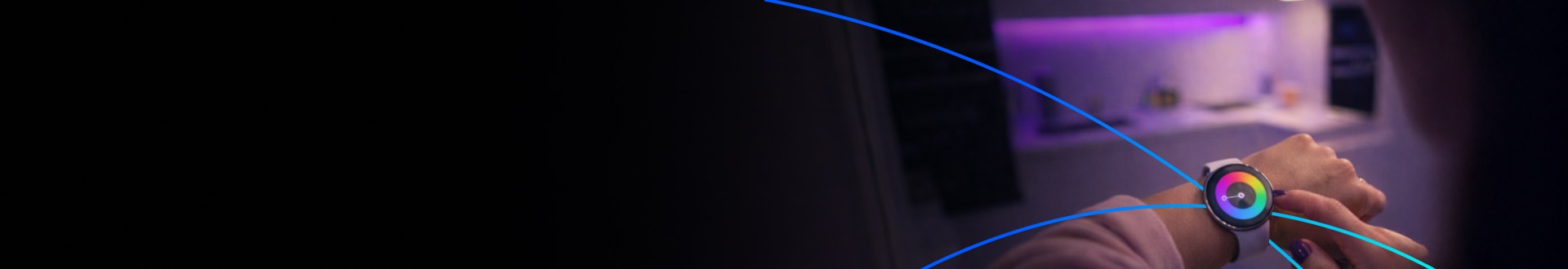 Person interacting with a smartwatch in a connected home environment.