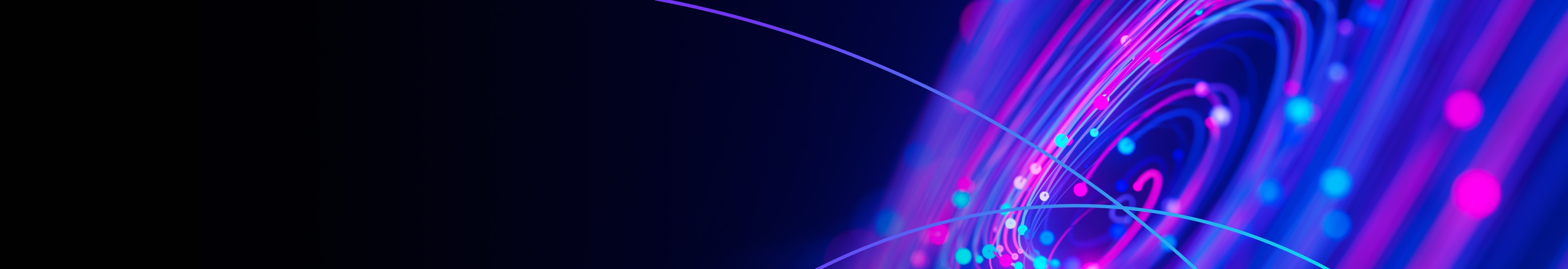 Abstract swirl of neon blue and pink light trails on dark background.