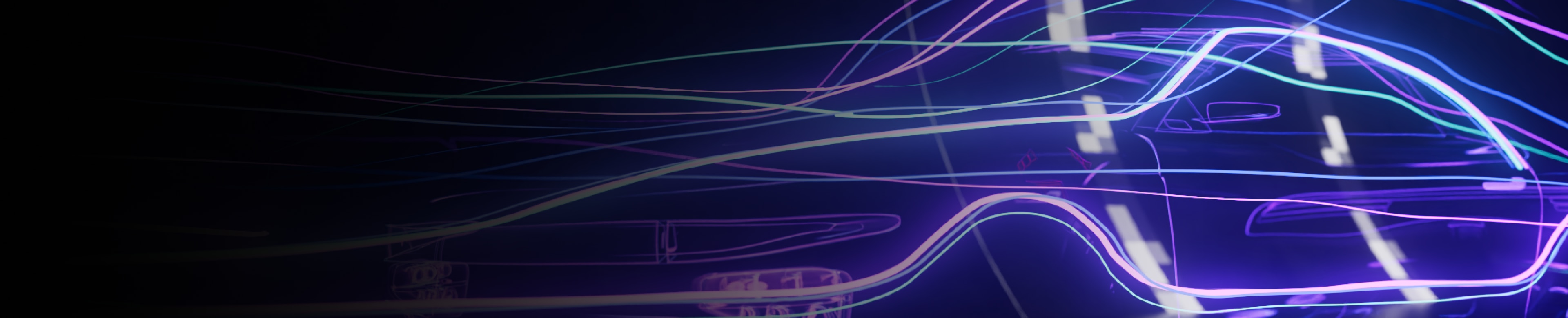 Neon light trails forming the outline of a fast-moving car in the dark.