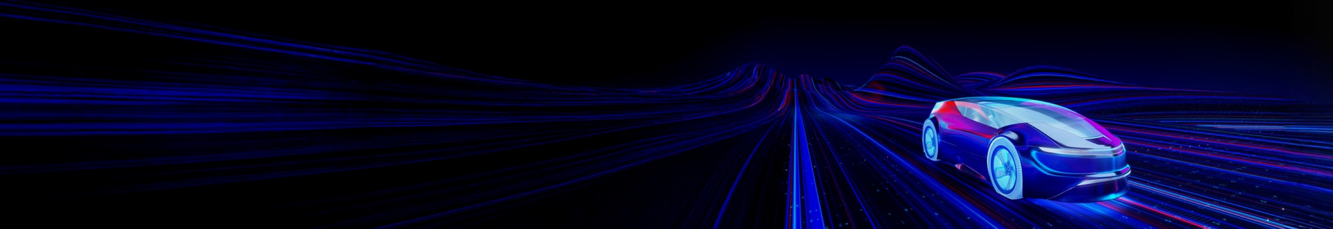 Futuristic car moving through digital data streams.