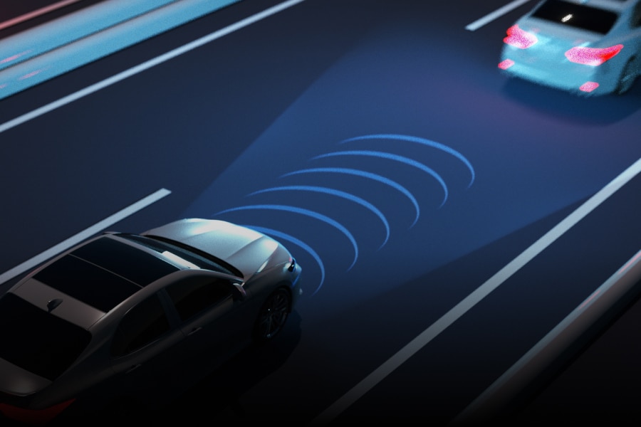 Cars on a highway with sensor detection visuals.