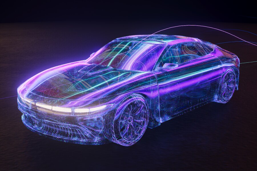Futuristic neon sports car glowing with purple and blue digital light trails on a dark background.