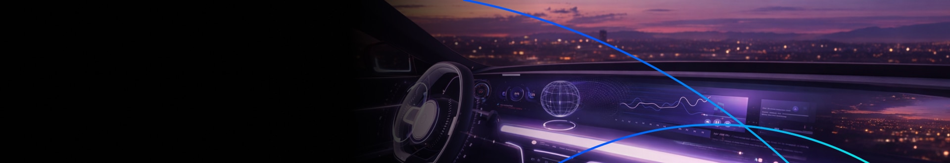 AE technologies hero banner - Futuristic car interior with glowing digital dashboard displays and ambient purple lighting, overlooking a city at sunset.