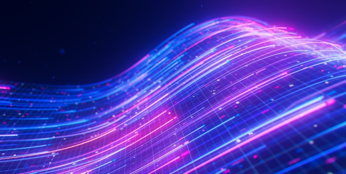 Abstract purple wave of glowing digital lines on dark background.