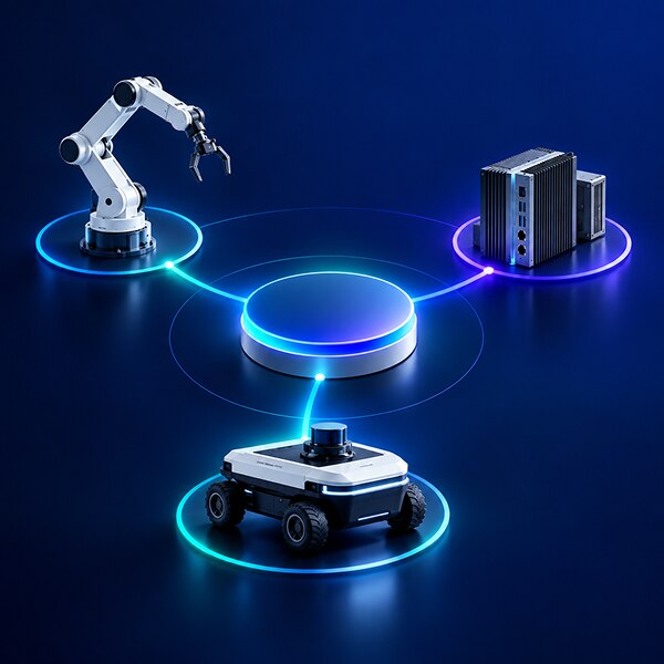 Robotic arm, edge computer, and mobile robot connected through a central digital hub.