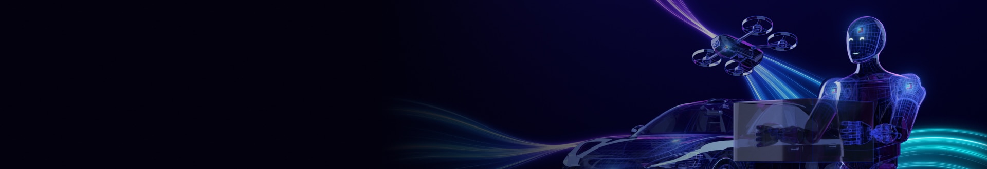 Futuristic wireframe humanoid robot, connected car, and drone illuminated by flowing blue and purple light trails.