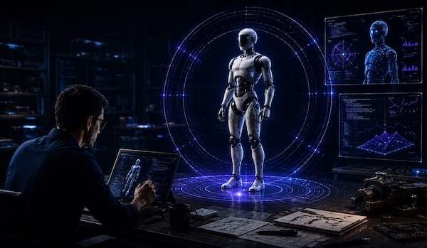 Engineer interacting with a digital interface beside a humanoid robot, surrounded by holographic displays showing robotics data and analysis.