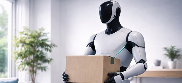 Humanoid robot performing logistics task by carrying a package.