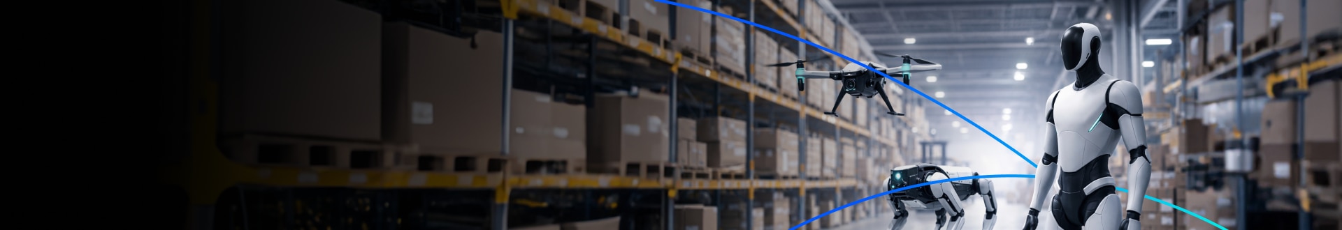 Humanoid robot, quadruped robot, and drone operating inside a warehouse environment.