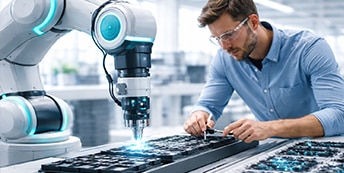 Engineer collaborating with a robotic arm in a precision manufacturing setting.