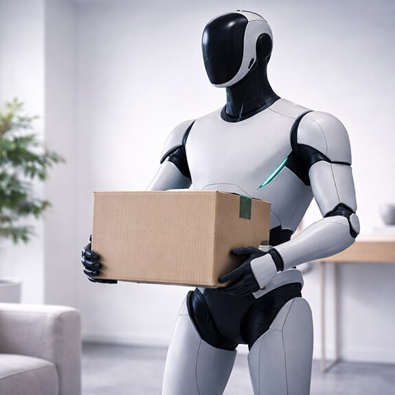 Humanoid robot carry box standing in a living place.
