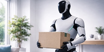 Humanoid robot carry box standing in a living place.