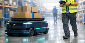 Autonomous mobile robot transporting packages in a warehouse.