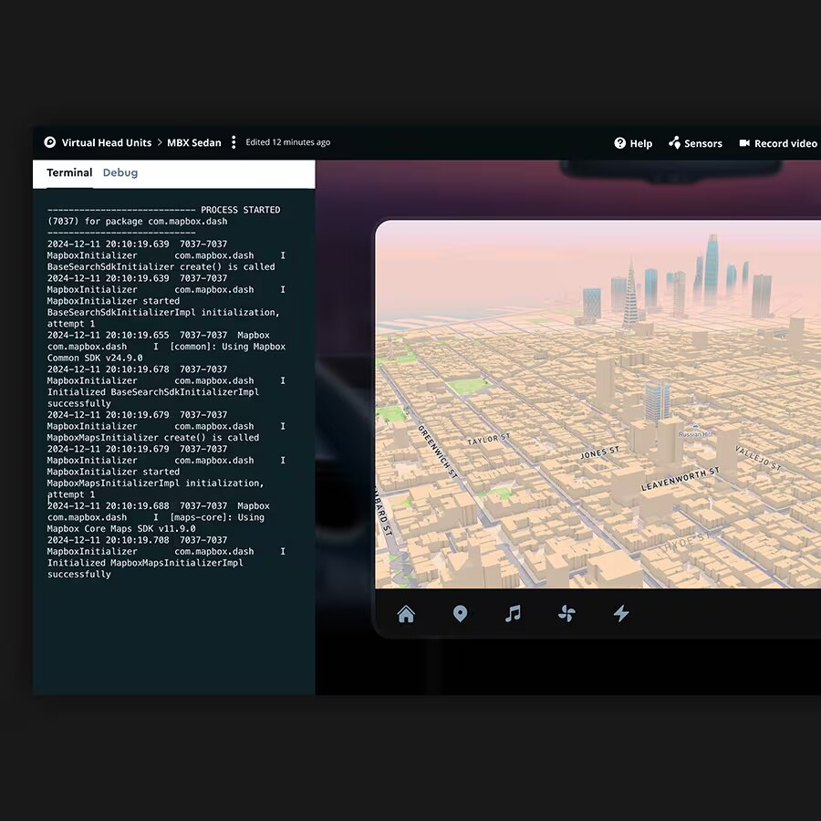The Virtual Head Unit integrated with the Mapbox Console