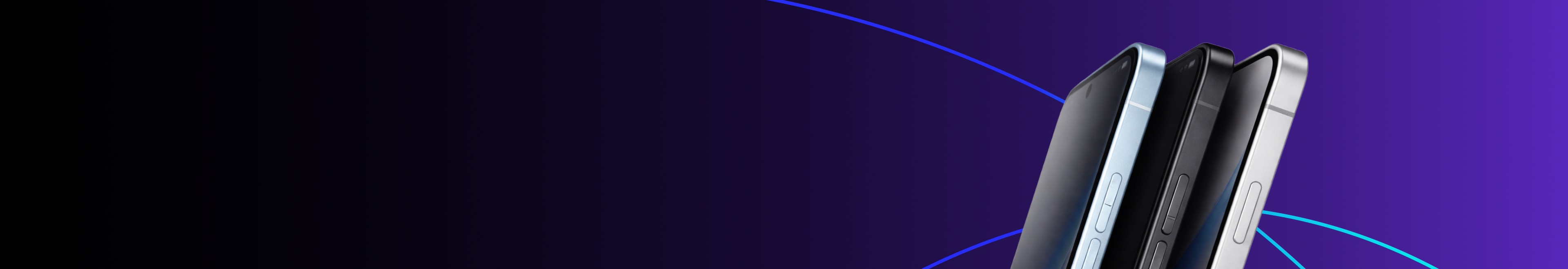 Three smartphones displayed side by side on a purple background.